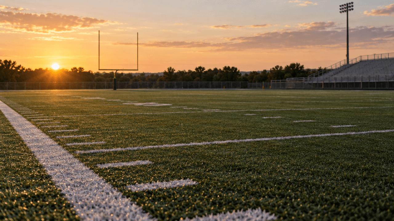 Campo de fútbol americano vacío al atardecer, visto desde la banda, con los postes al fondo.